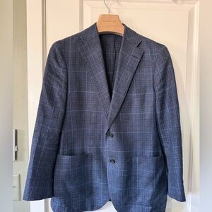 Proper Cloth Men's Navy Windowpane Wool-Silk-Linen Blend Blazer 42 short
